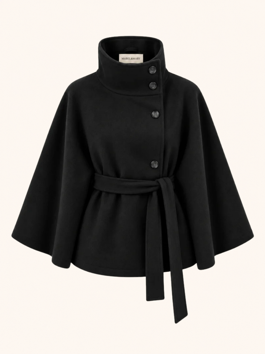 High-Neck Belted Cape Coat