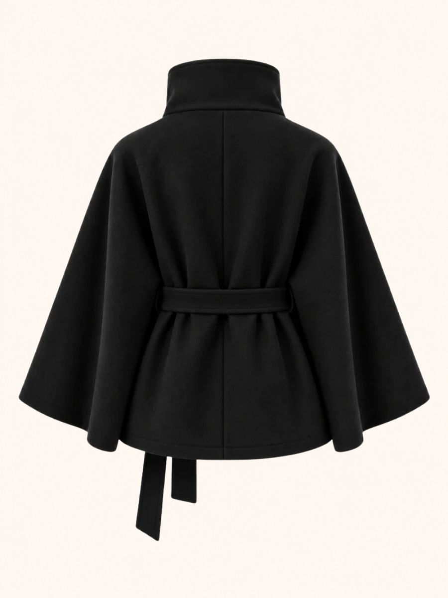High-Neck Belted Cape Coat
