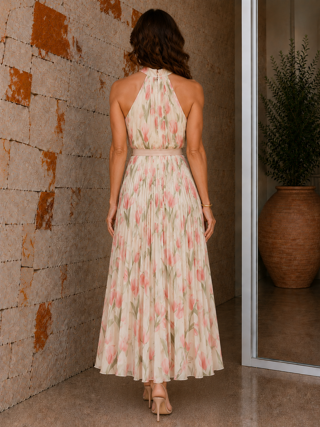 Aurelle | Halter Neck Floral Midi Dress